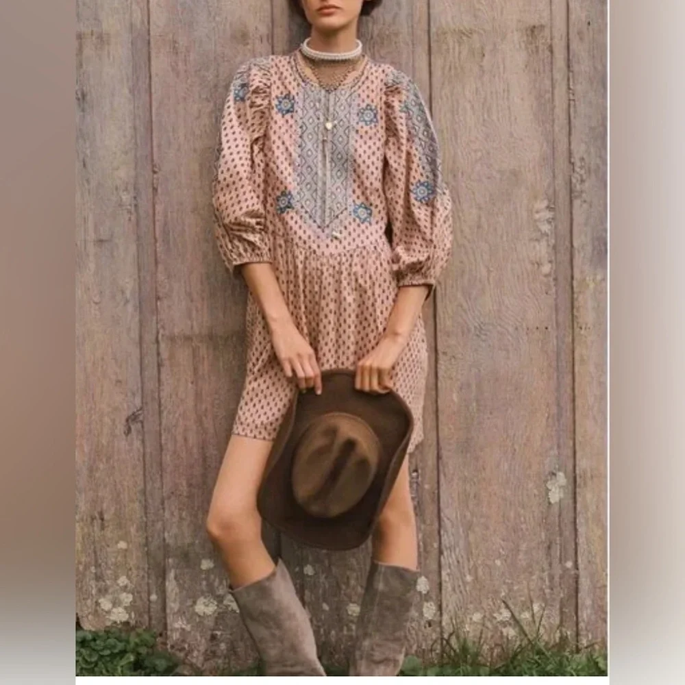 ANTHROPOLOGIE  Embroidered Cotton  Boho Mini Tunic Dress SZ 6 - Picture 7 of 17